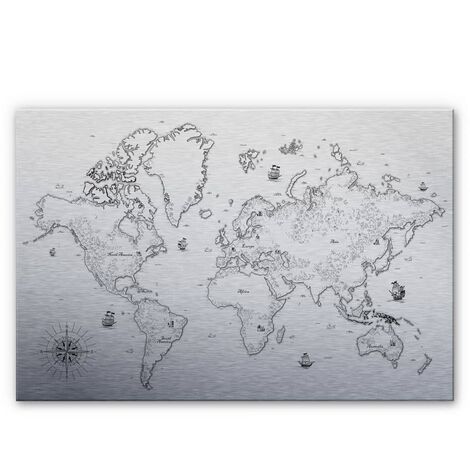 Carte du monde en métal argent Compass décoration murale world map Vintage Déco au trésor 60x40 cm - argent