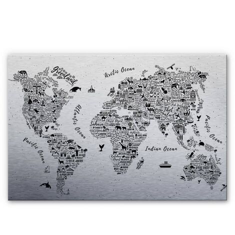 Carte du monde en métal argent inscrit Murale World Map océan poissons animaux de la forêt 100x70 cm - argent
