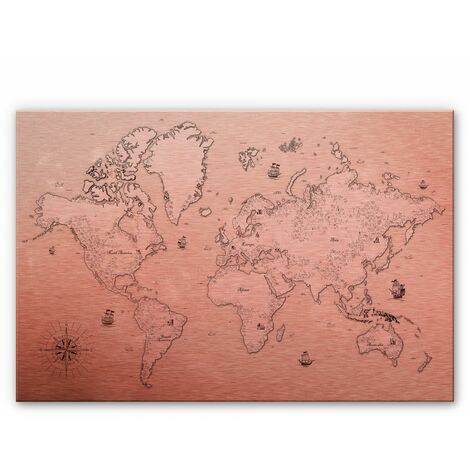 Carte du monde en métal cuivre Compass décoration murale world map Vintage Déco au trésor 100x70 cm - rose
