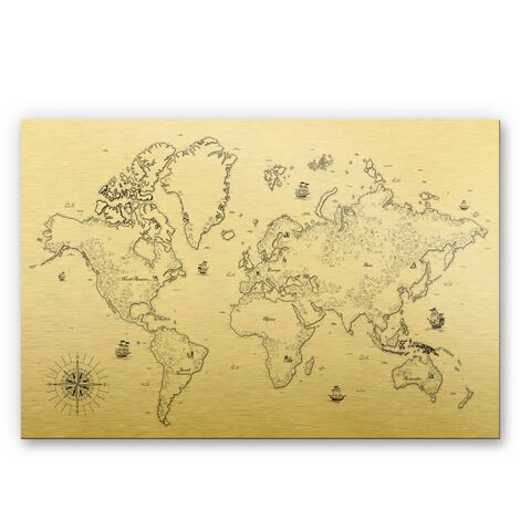 Carte du monde en métal or Compass décoration murale world map Vintage Déco au trésor 60x40 cm - or