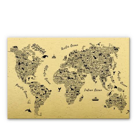 Carte du monde en métal or inscrit Murale World Map océan forêt animaux image aluminium 120x75 cm - or