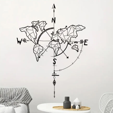 Carte du Monde Stickers Muraux Boussole Nautique Autocollant Décoration Murale pour Salon Chambre Bureau