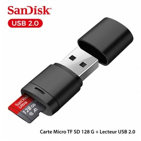 Carte Micro TF SD classe 10 SanDisk 128 G + Lecteur USB 2.0 - originale, carte mémoire pour Smartphone Tablette Caméra Surveillance