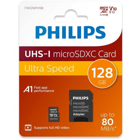 Carte PHILIPS Micro SDHC / SDXC + Adaptateur / 8GB, 16GB, 32GB, 64GB, 128GB  128GB
