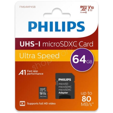 Carte PHILIPS Micro SDHC / SDXC + Adaptateur / 8GB, 16GB, 32GB, 64GB, 128GB