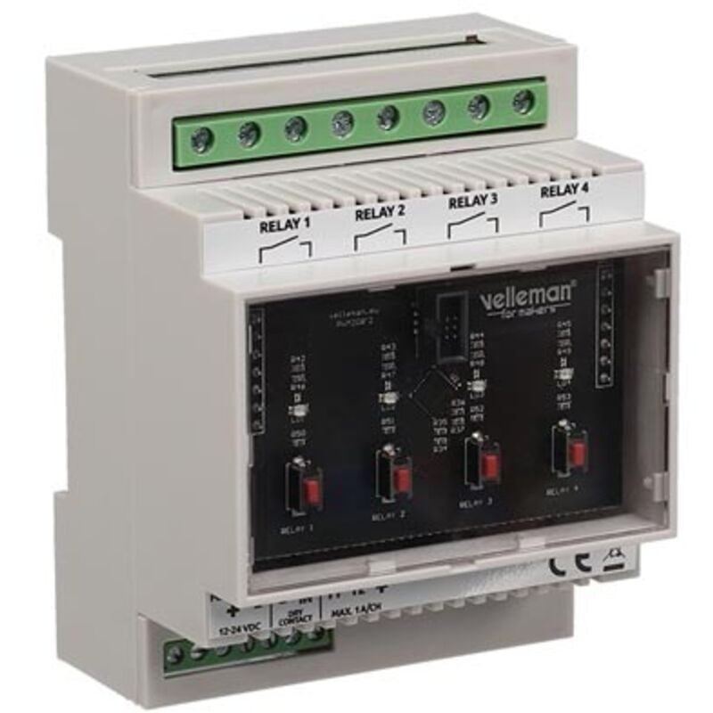 Velleman - Carte relais wlan, adaptée pour le montage sur rail din, 4 relais, 12-24 vdc, 16 a