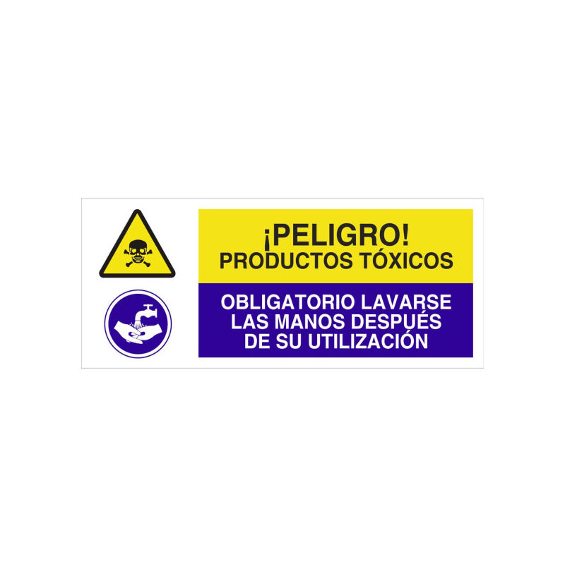 

Señal combinada PELIGRO PDTOS TÓXICOS - OBLIGATORIO LAVARSE LAS MANOS | 717X297 mm