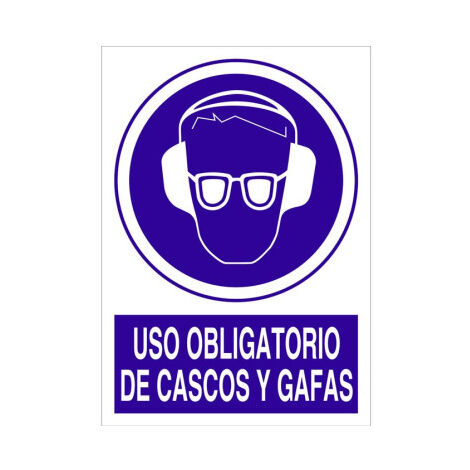Cartel de pictograma y texto Uso obligatorio de cascos y gafas                                                   Poliestireno       297X210