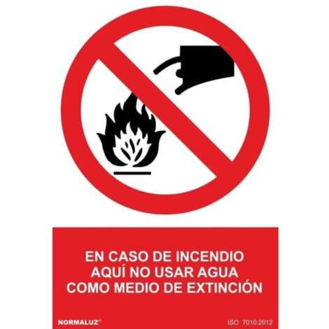 Cartel de prohibición: En caso de incendio aquí No usar agua como medio de extinción SEKURECO                         150 x 200 mm                          ADHESIVOS DE VINILO