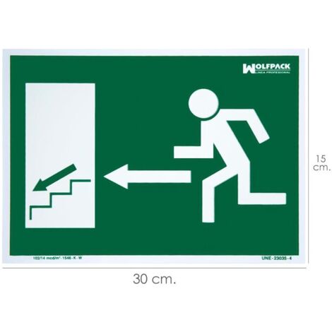 Cartel Fluorescente Salida Escalera Izquierda Abajo 21x30 cm.