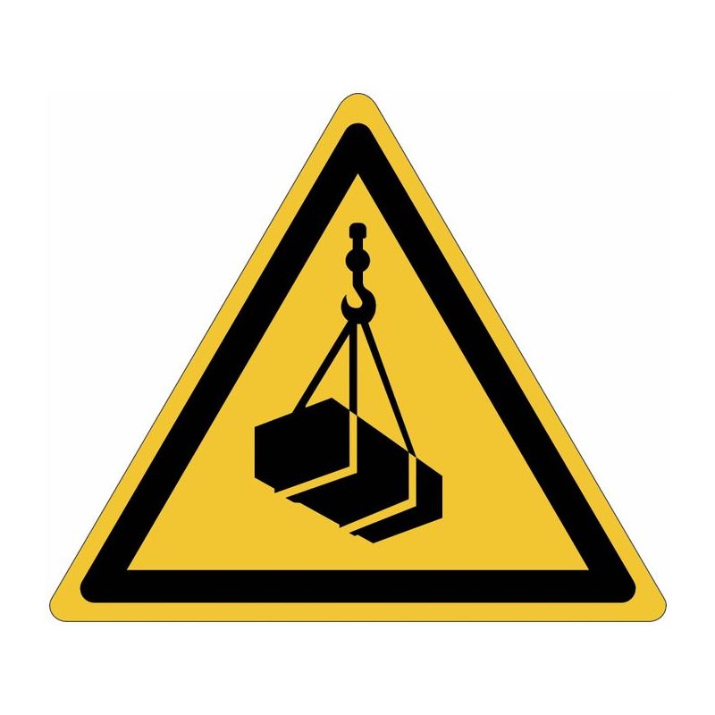 Cartelli di pericolo ISO 7010 'Carichi sospesi' W015 Misura - 100mm x 100mm, Quantità - 50 pezzi