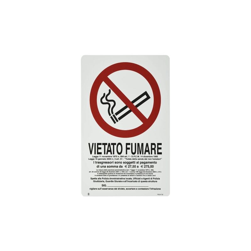 Image of Cartello Segnaletico vietato fumare a Norma Legge Multa pvc cm 20x30 Locali Uffici