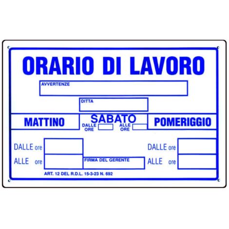 Cartello orario di lavoro - cm.30x20h. - 10 pz