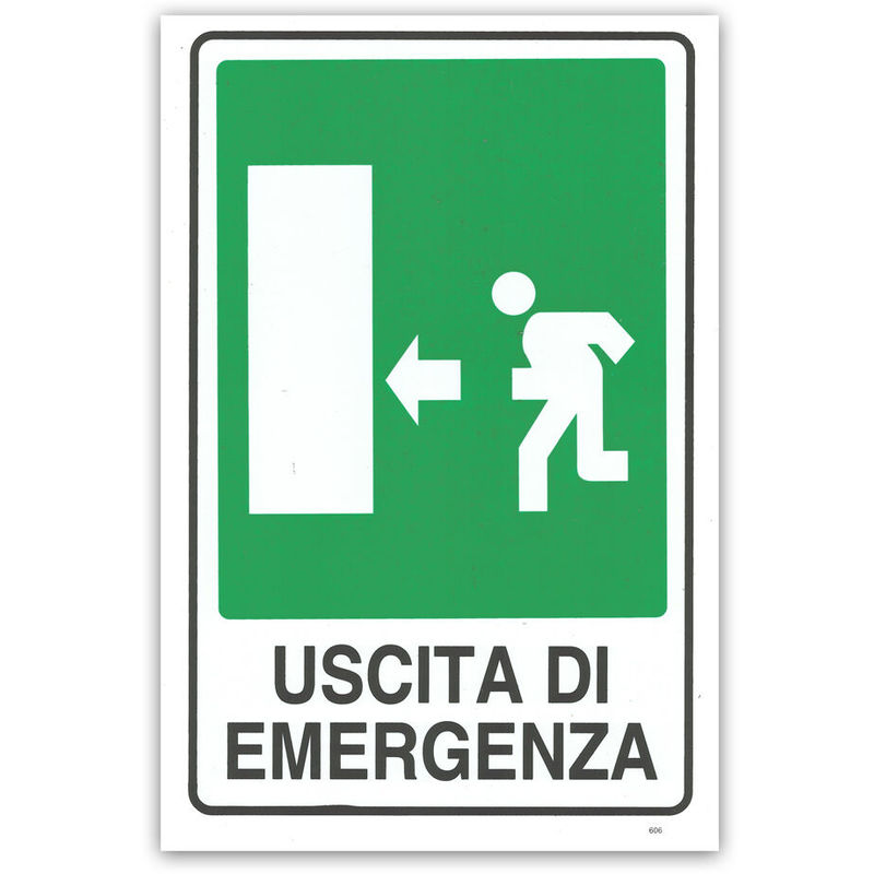 Image of Cartello targa uscita emergenza sinistra sicurezza segnaletica pvc 20 x 30 cm