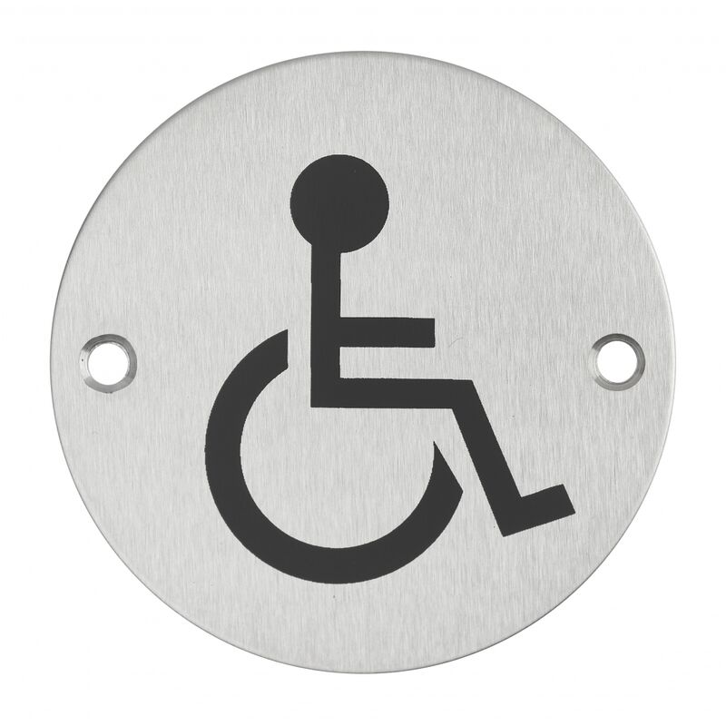 Image of Thirard - Cartello tondo per toilette per disabili, da avvitare, targa in acciaio inossidabile spazzolato, marcatura nera, Ø76mm