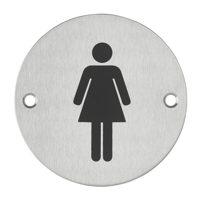 Image of Cartello tondo toilette per donne, da avvitare, targa in acciaio inossidabile spazzolato, marcatura nera, Ø76mm Thirard
