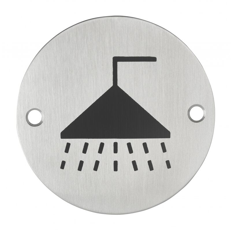 Image of Cartello tondo a vite per doccia, targa in acciaio inossidabile spazzolato, marcatura nera, Ø76mm Thirard