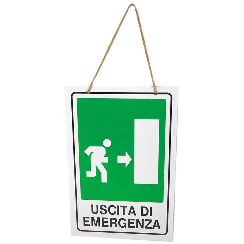 Image of Vetrineinrete - Cartello uscita di emergenza a destra targa in legno 20x30 cm con corda da appendere segnaletica interna per piano di evacuazione