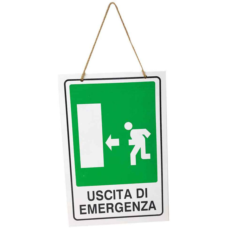 Image of Vetrineinrete - Cartello uscita di emergenza a sinistra targa in legno 20x30 cm con corda da appendere segnaletica interna per piano di evacuazione