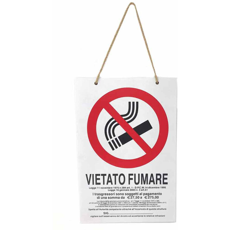 Image of Vetrineinrete - Cartello vietato fumare divieto targa in legno 20x30 cm con corda da appendere segnaletica interna con sanzioni negozi ristoranti