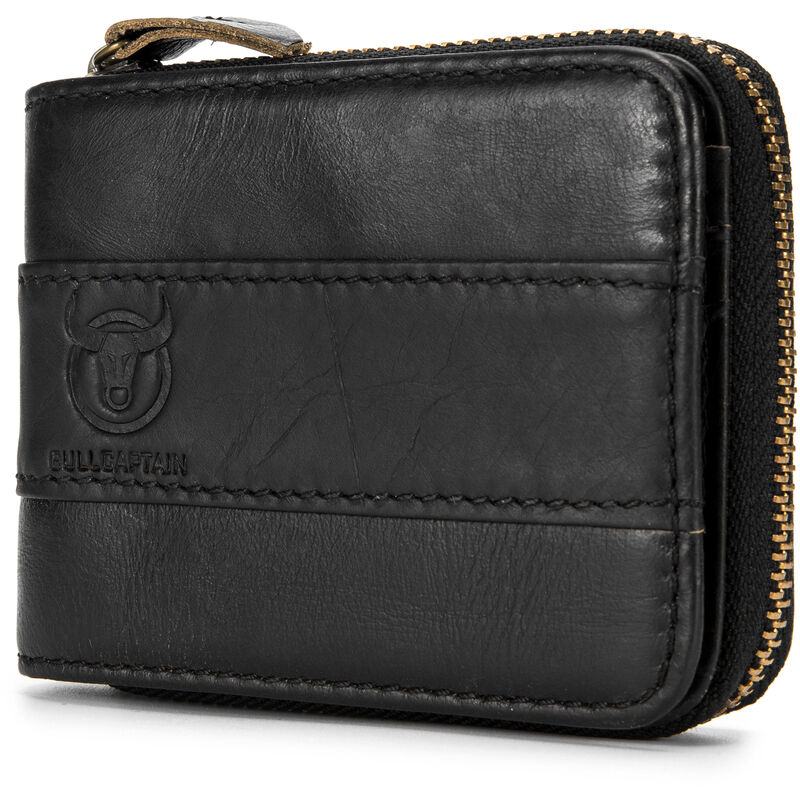 

Bullcaptain - Cartera de cuero con cremallera plegable para hombres Bolsa de viaje Regalo,Negro