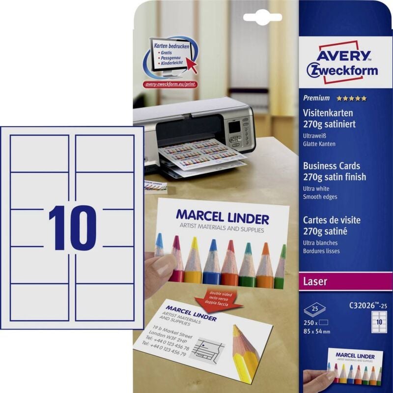 Zweckform C32026-25 Cartes de visite imprimables, bords lisses 85 x 54 mm ultra-blanc 250 pc(s) Format du papier: - ultra-blanc - Avery