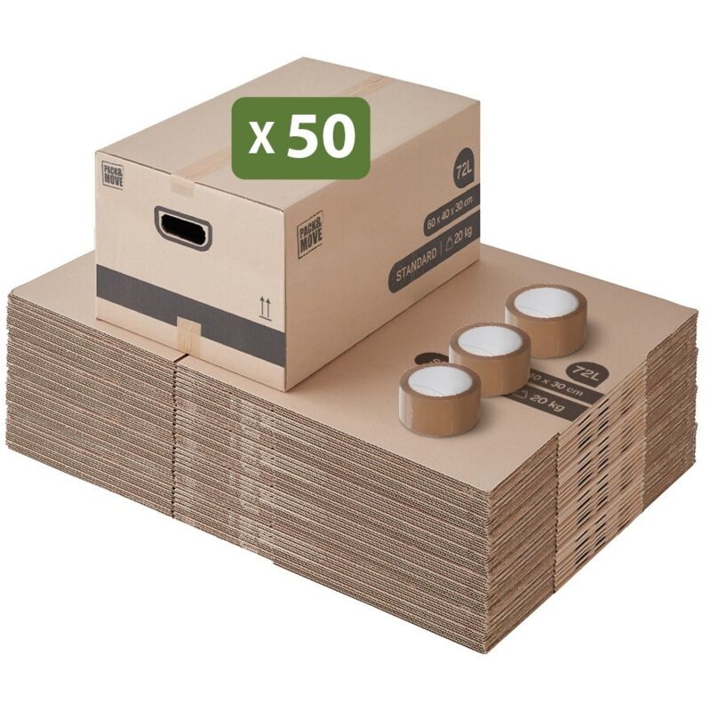 Pack and Move - Lot 50 Cartons Déménagement Stockage M - 60 x 40 x 30 cm - Poignées renforcées - 3 adhésifs offerts