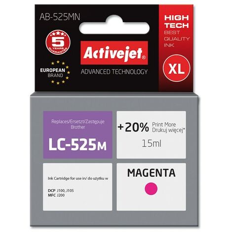 Cartouche d'encre Activejet AB-525MN (compatible avec Brother LC525M  Supreme  15 ml  magenta). Permet d'imprimer 20 % de plus que la cartouche d'origine.