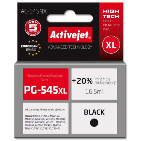 Cartouche d'encre Activejet AC-545NX pour imprimante Canon. Compatible avec Canon PG-545XL qualité supérieure 16,5 ml noire