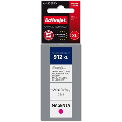 Cartouche d'encre Activejet AH-912MRX pour imprimantes HP. Équivalente à la cartouche HP 912XL 3YL82AE  qualité supérieure  990 pages  magenta