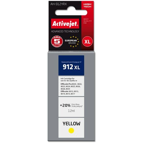 Cartouche d'encre Activejet AH-912YRX (remplacement pour HP 912XL 3YL83AE Premium 990 pages 12 ml, jaune