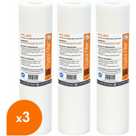 Cartouche filtrante PE-005 – Lot de 3 unités – Finesse de filtration 20 µm à 5 µm – Compatible BWT DGD et ECO – Crystal Filter