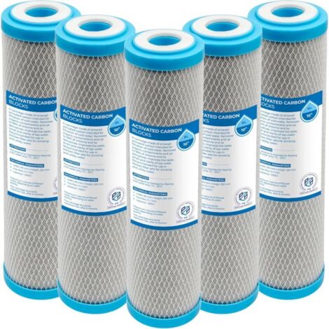 Cartouches filtrantes à bloc de charbon actif 10 pouces Lot de 5, éliminent le chlore et ses composés, améliorent le goût et l’odeur de l’eau, durée max. 6 mois