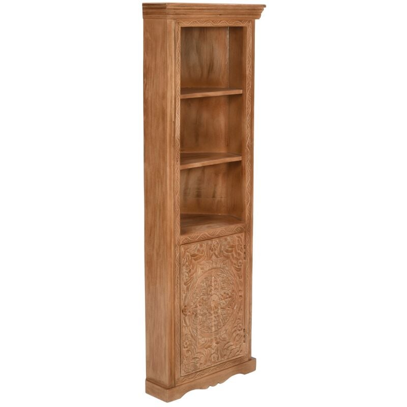 Carved Mango Wood Corner Bookcase - 3 Shelving & 2 Door