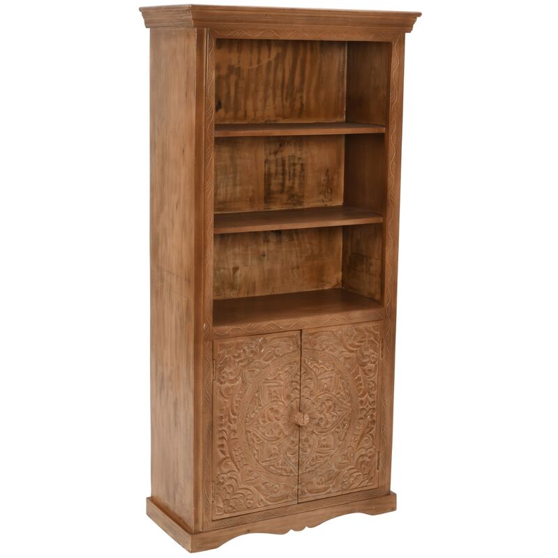 Carved Mango Wood Large Corner Bookcase - 3 Shelving & 1 Door