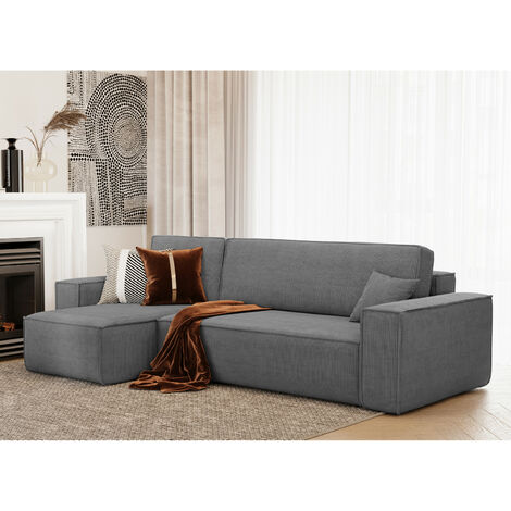 Casa Baoli – Canapé d'angle convertible réversible avec coffre – Velours côtelé gris – Dossier rabattable – Mousse confort 30kg/m3 – Dimensions compactes 245x143cm