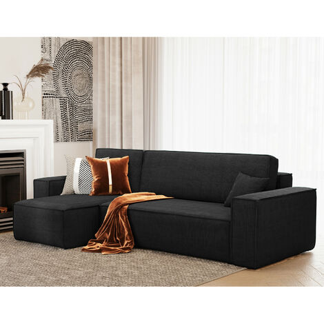Casa Baoli – Canapé d'angle convertible réversible avec coffre – Velours côtelé noir – Mousse 30kg/m3 – Dossier rabattable – Parfait pour petits espaces