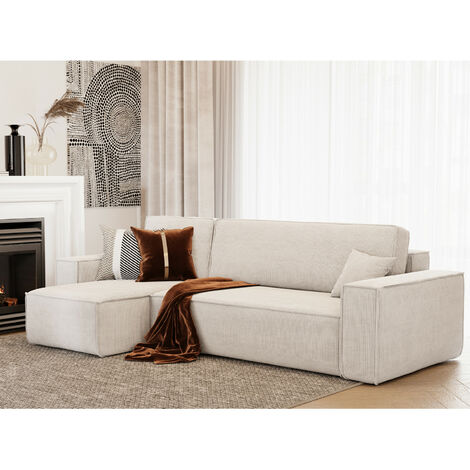 Casa Baoli – Canapé d'angle convertible réversible avec coffre – Velours côtelé beige easy clean – Dimensions 245x143cm – Confort ferme, couchage 200x120cm