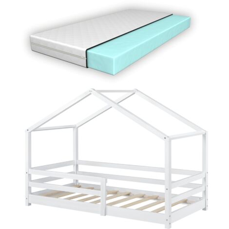 Casa cama infantil cabaña con colchón y somier y barrera en madera de pino blanco 80 x 160 cm 030005473