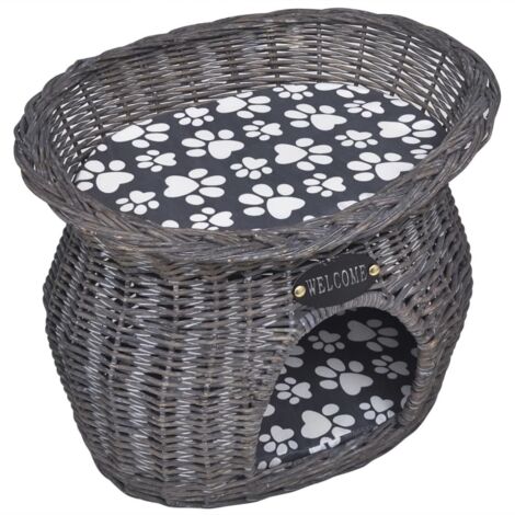 Casa/cama/ rascador para mascotas de sauce con cojín   - Gris
