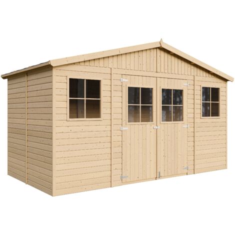 Casa da giardino in legno naturale CON PAVIMENTO IMPREGNATO A246x418x220 cm/8 m²- Magazzino esterno con finestre - Capanno da giardino - Bici, Deposito attrezzi e rimessa TIMBELA M332+M332G