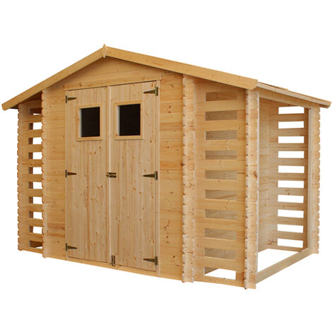 Casa de madera casa de jardín con cobertizo de leña TIMBELA M391 - cobertizo de jardín de madera W328xL206xH218 cm/ 3,53 + 0,97 + 0,97 m2 cobertizo de almacenamiento para jardín - cobertizo para bicicletas - techo impermeable