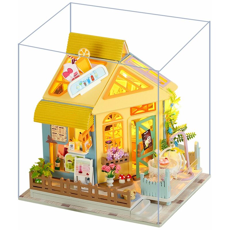 

Casa de munecas de juguete DIY, tienda de te con leche, kit de casa de munecas en miniatura con muebles con luz y musica, juguetes de regalo de