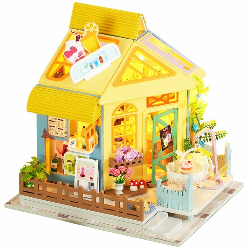 

Happyshopping - Casa de munecas de juguete DIY, tienda de te con leche, kit de casa de munecas en miniatura con muebles con luz y musica, juguetes de