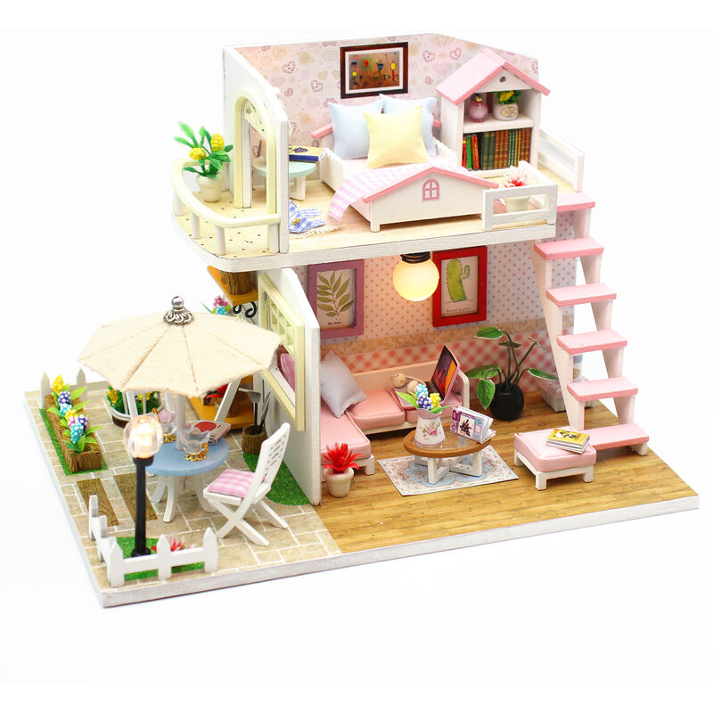 

Casa de munecas en miniatura DIY Kit de casa de munecas de madera con muebles con luz LED Musica Pink Loft, Multicolor