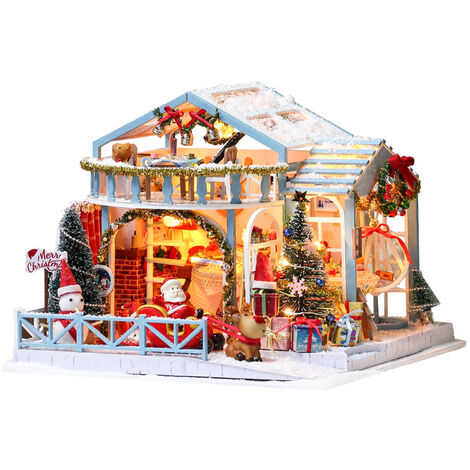Casa de muñecas en miniatura Navidad Noche nevada Casa de muñecas de madera de bricolaje con muebles y luz LED Cumpleaños creativos Festivales Regalos de Navidad para niños Amigos de la familia (Tipo