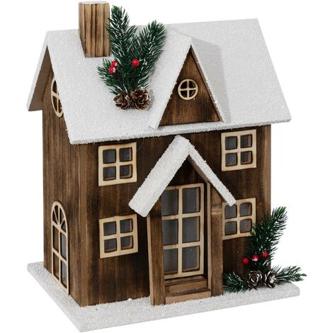 Casa de nieve de madera Led 34cm, marrón - Feeric lights & christmas