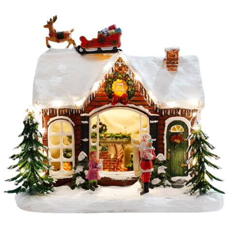 Casa di Babbo Natale 23x15x20,5 cm in Resina con Luci e Slitta