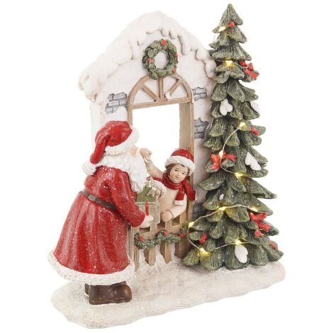 Casa "Marien" Babbo natale con bimbi  e led in poliresina per decorazioni natalizie
