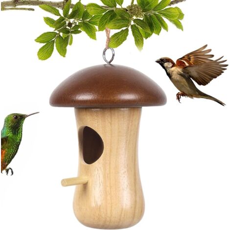Casa para colibríes, nido colgante para pájaros al aire libre, casa de madera con forma de hongo